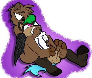 baggy_(artist) balls capybara feet foot_fetish footjob_from_behind furry heterochromia looking_at_partner male mouth_stuffed original original_characters penis