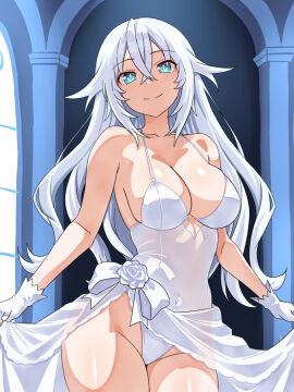 black_heart blue_eyes breasts cleavage female goddess light_skin looking_at_viewer neptunia_(series) noire panties skirt_lift smile solo wedding_dress white_hair zatsu
