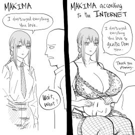 1boy 1girls alternate_breast_size alternate_persona bald bald_male bb_(baalbuddy) big_breasts bra breasts breasts_bigger_than_head breasts_on_head chainsaw_man cleavage crossover english_text female fishnet_legwear fishnet_stockings fishnets gentle_femdom gentle_mommy huge_breasts lace_bra large_breasts lingerie low_braid makima_(chainsaw_man) male meme mommy_kink one-punch_man saitama single_braid slave_collar straight text truth