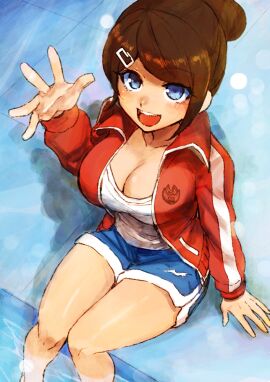 :d arm_support asahina_aoi blue_eyes blue_shorts breasts brown_hair cleavage danganronpa danganronpa:_trigger_happy_havoc female from_above hair_ornament hairclip hand_up jacket large_breasts long_sleeves open_clothes open_jacket open_mouth shirt shorts sitting smile solo teeth track_jacket tsunemi_aosa upper_teeth