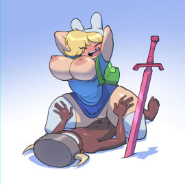 1girls adventure_time areolae arms_behind_head backpack backsack bag balls ballsack bigdad blonde_hair blox_(bloxwhater) blue_background bottomless breasts cartoon_network clothed clothed_female_nude_male clothing cowgirl_position dark-skinned_male dark_skin darnact female fionna_the_human_girl hat helmet horns human interracial large_breasts legwear male missing_tooth nipples no_panties original original_character pale_skin pussy sex shirt shirt_pulled_down skirt smile smiling spread_legs straight sword thick_thighs vagina vaginal_penetration weapon white_background white_stockings