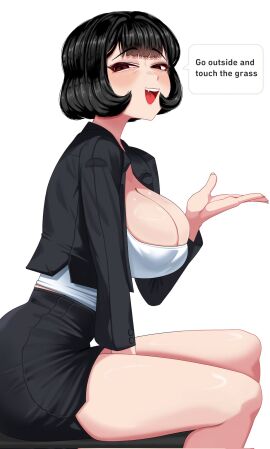 1girls black_hair breasts cleavage duolingo english_text female female_only large_breasts light-skinned_female light_skin looking_at_viewer original original_character skirt solo text the_glass_girl thighs vvarstromig white_background