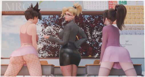 3d 3girls angela_ziegler blizzard_entertainment blonde_hair blue_eyes breasts brown_hair choker classroom d.va desk detailed_background female female_focus female_only fishnet_pantyhose fishnets going_commando hana_song hi_res high_resolution highres large_breasts lena_oxton light-skinned_female light_skin long_hair mercy moonroomoom no_panties overwatch periodic_table pixie_cut ponytail presenting_hindquarters pussy school_uniform schoolgirl short_hair skimpy_clothes skirt skirt_up standing teacher thighhighs tracer white_board window
