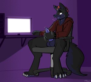 2024 4_toes 5_fingers absurd_res animal_genitalia animal_penis anthro balls balls_tuft black_body black_bracelet black_fur blue_hair blue_inner_ear blue_penis bottomless bracelet canid canine canine_genitalia canine_penis canis claws clothed clothing computer computer_monitor computer_mouse cute_fangs digitigrade ear_piercing electronics erection feet felino fingers fur gaming_chair genitals grey_claws hair half-closed_eyes hi_res hoodie inside jewelry male male_focus male_only mammal masturbation motion_lines narrowed_eyes open_mouth orange_hair original_character penile penile_masturbation penis piercing pupils red_clothing red_eyes red_hoodie red_topwear sitting smile solo spiked_bracelet spikes spread_legs spreading toe_claws toes tongue tongue_out topwear tuft wolf