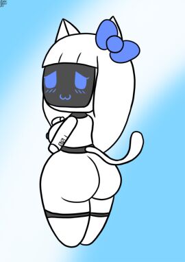 android ass back_view big_ass blush breasts brokenrekordbro cat_ears cat_girl catgirl female female_only iota_(brokenrekordbro) looking_at_viewer mob_face nipples original original_character robot robot_girl screen_face shortstack tagme tail thighs white_body