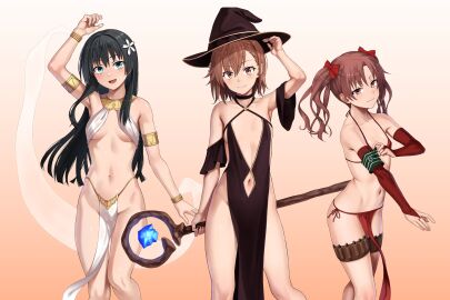 3girls absurdres adjusting_clothes adjusting_headwear arabian_clothes arm_up armband armlet bare_shoulders bikini black_dress black_hair black_hat blue_eyes blush breasts bridal_gauntlets brown_eyes brown_hair circlet closed_mouth clothing_cutout collarbone commission cowboy_shot crystal dancer detached_sleeves dress female flat_chest flower glowing glowing_crystal gradient_background green_armband hair_flower hair_ornament harem_outfit hat highres holding holding_staff holster jewelry long_hair looking_at_viewer mage_staff medium_hair misaka_mikoto multiple_females multiple_girls navel navel_cutout no_panties open_mouth orange_background orochi_itto pelvic_curtain red_bikini revealing_clothes saten_ruiko second-party_source shiny_skin shirai_kuroko skeb_commission small_breasts smile staff standing swimsuit teenage_female teenager thigh_gap thigh_holster to_aru_kagaku_no_railgun to_aru_majutsu_no_index twintails underboob white_background witch_hat young