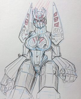 1girls big_breasts breasts busty female female_only nemesis_(transformers) nipple_slip nipples red_eyes robot robot_girl robot_humanoid solo thick_thighs titan_(transformers) traditional_media_(artwork) transformers ventis2099_(artist)