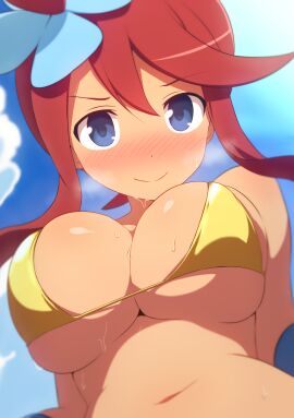 bare_belly belly_button big_breasts bikini blue_eyes blush breasts cleavage closed_mouth curakuru dark-skinned_female female gold_bikini hair_ornament long_hair outdoors pokemon red_hair shiny_skin skyla_(pokemon) sweat sweaty_body underboob upper_body visible_breath