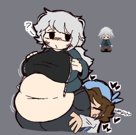 1boy 1other ? ass black_tank_top blue_bandana blue_jacket blush_stickers brown_hair busty_boy chibi chubby clothed debris_(game) fat grey_background grey_shirt heart hug huge_ass hugging hugging_ass hugging_from_behind jeans long_hair male_with_breasts meatoids mikan_muzou mob_face navel open_jacket pants plump ponytail reference_image short_hair simple_background solid_oval_eyes soutarou_(mikan_muzou) sprite tank_top tatsuki_(debris) thick_thighs white_hair yume_nikki