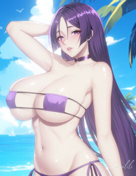absurdres arm_behind_head artist_name beach bikini blue_sky blurry blurry_background breasts choker cleavage cloud cloudy_sky collarbone covered_nipples eyepatch_bikini fate/grand_order fate_(series) female hair_between_eyes highres huge_breasts long_hair looking_at_viewer milf minamoto_no_raikou_(fate) minamoto_no_raikou_(swimsuit_lancer)_(fate) minamoto_no_raikou_(swimsuit_lancer)_(third_ascension)_(fate) nanalili navel outdoors palm_tree parted_bangs parted_lips purple_bikini purple_choker purple_eyes purple_hair side-tie_bikini_bottom signature skindentation sky solo stomach swimsuit tree upper_body very_long_hair water