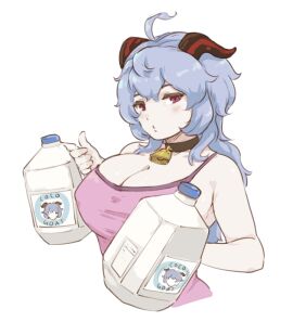 1girls bell bell_collar blue_hair blush breasts cleavage female female_focus female_only ganyu_(genshin_impact) genshin_impact goat_horns horns large_breasts messy_hair milk milk_jug nipple_bulge red_eyes tank_top tyronestash