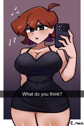 1girls big_breasts black_eyes breasts brown_hair english_text erainnn female female_only friday_night_funkin girlfriend_(friday_night_funkin) large_breasts looking_at_viewer solo tagme taking_picture text thick_thighs