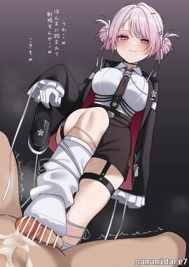 1boy absurdres amamidare bar_censor black_choker black_garter_straps black_jacket black_necktie black_shoes black_skirt blush breasts censored choker closed_mouth collared_shirt cum double_bun ejaculation female footjob from_below garter_straps gloves hair_bun hair_ornament hair_ribbon hairclip highres holding holding_shoes holding_unworn_clothes jacket large_breasts leg_warmers long_sleeves looking_at_viewer necktie nijisanji o-ring_necktie open_clothes open_jacket pantyhose penis pink_eyes pink_hair ribbon shiina_yuika shiina_yuika_(14th_costume) shirt shoes single_sleeve_past_fingers single_sleeve_past_wrist skirt smile solo_focus thigh_strap thighs translation_request unworn_shoes virtual_youtuber white_gloves white_leg_warmers white_pantyhose white_ribbon white_shirt