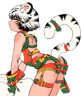 1boy absurdres animal_ear_fluff animal_ears anus backless_outfit black_hair christmas closed_mouth colored_tips commentary_request cowboy_shot garter_straps gloves green_gloves highres holly looking_at_viewer looking_back male male_focus multicolored_hair original otoko_no_ko shima_(wansyon144) short_hair simple_background slit_pupils smile streaked_hair tail tail_raised tail_strap tiger_boy tiger_ears tiger_tail white_background white_hair yellow_eyes