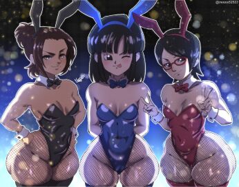 1girls 2d 3girls aged_up animal_ears ass attack_on_titan bandana black_eyes black_hair boruto:_naruto_next_generations bottom_heavy bow_tie bowtie breasts brown_hair bunny_ears bunny_girl bunnysuit coffeenexxa crossover curvaceous curvy curvy_figure dragon_ball dragon_ball_(series) dragon_ball_gt female female_focus female_only fishnet fishnet_clothing fishnet_legwear fishnet_pantyhose fishnet_stockings fishnets gabi_braun glasses leotard naruto naruto_(series) nexxa pan_(dragon_ball) peace_sign petite playboy_bunny sarada_uchiha shingeki_no_kyojin short_hair short_stack shortstack small_breasts smile smiling smiling_at_viewer thick thick_ass thick_thighs thighhighs thighs tongue tongue_out uchiha_sarada wink