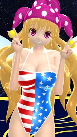 1girls 2024 3d american_flag_swimsuit big_breasts blonde-haired_female breasts clownpiece cosmic_background double_peace_sign fairy fairy_wings female grown_up hati_yukkuri_mmd headwear jester_hat lampad legacy_of_lunatic_kingdom light-skinned_female light_skin long-haired_female looking_at_viewer mmd peace_sign pink_eyes polka_dots smiling_at_viewer solo_female solo_focus space stars stars_and_stripes swimsuit swimwear touhou wings