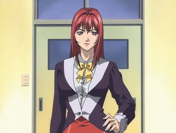 00s 1girls 2001 animated bible_black bible_black_night_of_the_walpulgiss bow classroom female jacket lipstick long_hair mature_female purple_eyes purple_jacket red_hair red_skirt school shirt skirt smile solo tagme takashiro_hiroko teacher white_shirt yellow_bow