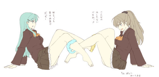 2girls arm_support bare_legs barefoot blue_panties blush brown_hair commentary_request female female_only full_body green_hair grin hair_ornament hairclip kantai_collection kumano_(kantai_collection) long_hair looking_at_another multiple_females multiple_girls nakadori_(movgnsk) panties panties_around_one_leg ponytail simple_background sitting skirt smile suzuya_(kantai_collection) translated underwear white_background yellow_panties