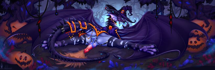 absurd_res anus ass big_butt blue_anus blue_tongue blue_vulva claws dragon female feral firael genitals hi_res looking_at_viewer membrane_(anatomy) membranous_wings morkep mythological_creature mythological_scalie mythology penetration purple_body purple_claws purple_membrane purple_scales raised_tail scales scalie solo strapon tail tongue tongue_out vaginal_penetration valdemar_fordragon vulva wings witch_costume