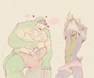 amped_toxtricity anthro armpit_hair body_hair boner bulge chesnaught clothed clothing dama624 duo erection generation_6_pokemon generation_8_pokemon heart_symbol male male/male male_only nintendo pokemon pokemon_(species) toxtricity underwear undressing undressing_self