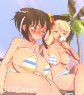 2girls animated areolae bikini blonde_hair breast_expansion breast_growth breasts female female_only gtscasey huge_breasts light-skinned_female light_skin longer_than_10_seconds massive_breasts merurava nipples senran_kagura senran_kagura_(series) shorter_than_30_seconds sound tagme video