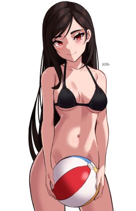 ball beach_ball bikini bikini_top bikini_top_only bottomless breasts covering_crotch female female_only final_fantasy final_fantasy_vii inflatable_toy looking_at_viewer smile solo tifa_lockhart x_xith_x