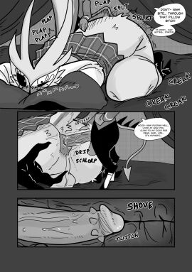 anal anal_sex anal_tugging anthro anus ass avian backsack balls ballsack bed bird bodily_fluids bottomwear clothing comic demon dialogue duo english_text epicbassface furniture genitals helluva_boss hi_res hug hugging_object hugging_pillow imp internal internal_anal looking_pleasured male male/male mister_butler_(helluva_boss) on_bed onomatopoeia owl owl_demon paimon_(helluva_boss) penetration penis pillow school_uniform size_difference skirt sound_effects speech_bubble text uniform