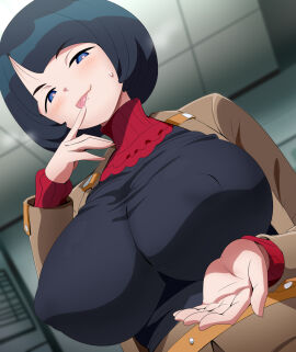 black_hair black_shirt bob_cut breasts commentary_request english_commentary female gundam gundam_gquuuuuux handjob highres large_breasts long_sleeves magukappu mature_female mixed-language_commentary no_sclera shiiko_sugai shirt short_hair tongue tongue_out