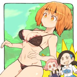 armpit_crease bare_arms bare_belly bare_legs bare_shoulders bare_thighs belly_button big_breasts black_bra black_hair black_panties blush bra breasts candice_(pokemon) cleavage closed_mouth collarbone female gardenia_(pokemon) groin lace-trimmed_bra lace-trimmed_panties long_hair maylene_(pokemon) open_mouth orange_eyes panties pink_hair pokemon shiny_skin shirt short_hair surprised thighs toned_female twintails underwear white_shirt yucopi