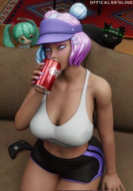 1girls 3d artist_signature bare_shoulders big_breasts breasts cleavage drpepper epic_games female female_only fortnite fortnite:_battle_royale hairclip leelah_(fortnite) light-skinned_female light_skin looking_at_viewer multicolored_hair painted_nails purple_eyes short_hair sitting skyline3d solo solo_female tagme thighs