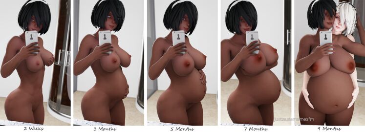 2021 3d black_hair black_hairband breasts dark-skinned_female dark_skin fanart female front_view grey_hair hairband holding_breast huge_breasts justausernamesfm large_breasts looking_at_viewer mirror_selfie nier:_automata nude nude_female pregnancy_progression pregnant sagging_breasts selfie short_hair smartphone standing white_hair white_hairband yorha_2b yorha_2p yuri