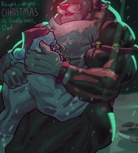 anthro beard biceps big_muscles brown_body brown_fur christmas christmas_clothing christmas_headwear clothing cookie deer duo english_text eyebrows facial_hair food forearm_muscles forearms fur hair hat headgear headwear hi_res holidays hug huge_muscles hugging_another human larger_anthro larger_male light_body light_skin long_hair male male/male mammal moustache muscles muscular muscular_male new_world_deer pecs red_nose reindeer rudolph_the_red-nosed_reindeer santa_claus santa_hat size_difference smaller_human smaller_male tan_body tan_fur text thick_eyebrows vaniwall vein veiny_arms veiny_legs veiny_muscles veiny_pecs