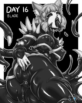 alternate_color alternate_costume alternate_eye_color animal_ears ass black_lips black_tongue breasts cat_ears cat_girl cleavage commentary corruption crossover eastern_and_western_character english_commentary english_text fangs female fusion greyscale happy highres large_breasts lips lipstick looking_at_viewer looking_back lying makeup marvel marvel_comics monochrome nia nipples on_side parasite parted_lips possessed saliva short_hair slime_(substance) smile spacen'cakes spider-man_(series) symbiote tendril tongue tongue_out venom_(marvel) xenoblade_(series) xenoblade_chronicles_2