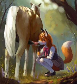 animal_genitalia anthro anthro_on_feral blush bottomwear canid canine clothing crouching duo equid equine equine_genitalia fellatio female feral forest fox genitals hornyfoxjade horse legwear male male/female mammal oral penile penis plant school_uniform sex skirt thigh_highs tree uniform zoophilia