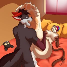1:1 2024 5_fingers 5_toes anthro ass balls bed big_ass big_breasts big_butt black_body black_fur black_hair black_mask black_nose blushing_feet bodily_fluids breasts brown_body brown_eyelids brown_fur brown_tail canid canine canis claws clenched_teeth closed_eyes cum cum_in_pussy cum_inside cum_on_balls cum_on_penis cum_on_sheets dialogue digital_drawing_(artwork) digital_media_(artwork) domestic_cat duo excessive_cum excessive_genital_fluids facial_piercing facial_tuft feet felid feline felis female finger_claws fingers foot_fetish foot_fetish_validation foot_focus foot_lick foot_play foot_sniffing fur furniture genital_fluids genitals grey_body grey_fur gwen_miller hair hi_res humanoid_feet inner_ear_fluff licking lying male male/female mammal mask maximus21 multicolored_body multicolored_fur multicolored_hair nails nude on_back open_mouth penetration penile penile_penetration penis penis_in_pussy piercing pillow pink_nose plantigrade pussy rainbow_hair red_body red_ears red_fur saliva saliva_on_foot sex sharp_nails smile sniffing soles tail teeth thick_thighs thin_eyebrows toe_claws toes tongue tongue_out tuft two-tone_body two-tone_fur vaginal_penetration watermark white_body white_fur window wolf wrinkled_feet wrinkles yellow_eyes
