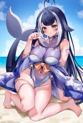 2024 2d_(artwork) ahoge bangs bare_shoulders barefoot beach big_breasts black_hair blue_hair blue_sky blue_swimsuit blush body_markings breasts closed_mouth cloud day eyebrows_visible_through_hair face_markings feet female full_body heart_ahoge indie_virtual_youtuber large_breasts long_hair looking_at_viewer markings multicolored_hair ocean outdoors purple_eyes sand shylily shylily_(4th_costume) sitting sky smile solo streaked_hair thick_eyebrows two-tone_hair very_long_hair virtual_youtuber vtuber water yuniiho