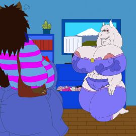alythewolfcat anthro bedroom big_breasts bodily_fluids boss_monster_(undertale) bovid breasts caprine clothing cosplay crossover crossover_cosplay draco_sandy dracothedragonite duo female footwear frisk frisk_(undertale) goat hi_res huge_breasts hyena lingerie male male/female mammal muscular muscular_female nosebleed overweight overweight_female socks toriel undertale undertale_(series)