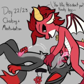 absurd_res anonymous_artist anthro asphyxiation bodily_fluids canid cum cum_in_mouth cum_inside dragon duo fan_character flower_accessory fur genital_fluids grey_body grey_fur hi_res male male/male mammal masturbation mob_entertainment mythological_creature mythological_scalie mythology nightmare_critters poppy_playtime red_body scalie simon_smoke_(poppy_playtime) tail wings