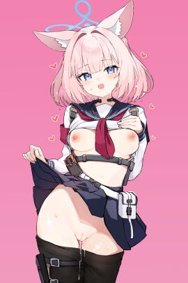 absurdres animal_ear_fluff animal_ears armband belt_pouch black_pantyhose blue_archive blue_eyes blue_halo blue_sailor_collar blue_skirt blush breasts cleft_of_venus clothes_lift clothes_pull cowboy_shot female fox_ears fox_girl halo heart highres holster legs_together lifting_own_clothes long_sleeves looking_at_viewer medium_breasts neckerchief niko_(blue_archive) nipples open_mouth pantyhose pantyhose_pull pink_background pink_hair pleated_skirt pouch pussy pussy_juice red_armband red_neckerchief sailor_collar school_uniform shirt shirt_lift short_hair simple_background skirt skirt_lift smile solo standing sweat teranekosu thigh_gap thigh_holster thigh_strap throat_microphone uncensored white_shirt