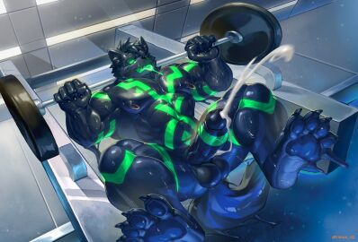 abs anthro anus balls barbell beard bench_press biceps big_muscles black_body black_latex blush bodily_fluids canid canine canis clenched_teeth corruption domestic_dog ejaculation erection exercise facial_hair foreskin fur gay gay_male genitals goo_creature goo_transformation green_body green_eyes green_tongue gym hair hi_res humanoid_genitalia humanoid_penis latex looking_pleasured lying male mammal multicolored_body muscles muscular muscular_male nipple_piercing nipple_ring nipples on_back open_mouth pawpads pecs penis piercing pubes quads retracted_foreskin ring_piercing signature solo sweat teeth three-quarter_view tongue tongue_out transformation two-tone_body uncircumcised vein veiny_muscles veiny_penis wolf workout yaoi yibian_sz