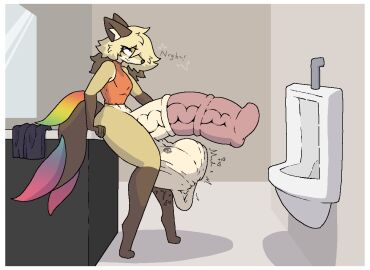anthro balls bathroom blonde_hair bone_breaking clenched_balls cock_vore death fatal_vore femboy furry horsecock huge_balls huge_cock hyper_balls hyper_penis l0cknes_(artist) male paprika_(l0cknes) penis urinal vore