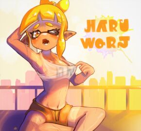 1girls female inkling_girl onimiere pulling_clothing solo_female splatoon splatoon_(series) sweat