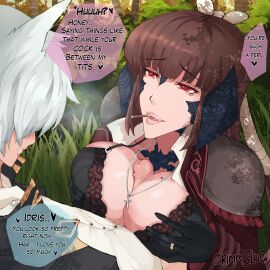 au_ra bra breasts brown_hair cat_boy catboy dialogue exhibitionism female final_fantasy_xiv grimmslug male miqo'te paizuri paizuri_lead_by_female paizuri_under_clothes red_eyes smoking text titjob