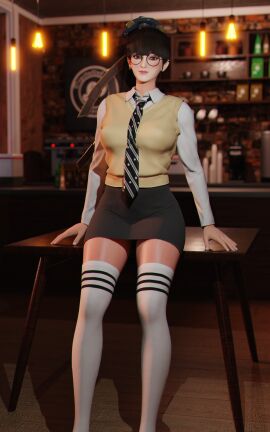 1girls 3d ass big_ass big_breasts black_hair breasts eve_(stellar_blade) female female_only glasses makeup skirt solo solo_female stellar_blade thighhighs thighs zen_art