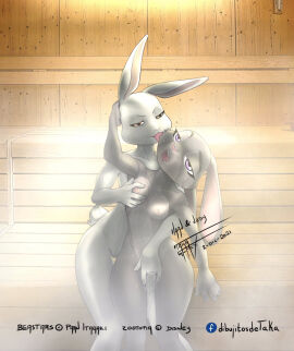 4_fingers 5_fingers anthro areola beastars bodily_fluids breast_grab breasts buckteeth digital_media_(artwork) disney domestic_rabbit duo dwarf_rabbit female female/female female_penetrated female_penetrating female_penetrating_female finger_fuck fingering fingering_partner fingers fur genital_fluids genitals grey_body hand_on_breast haru_(beastars) hi_res inside judy_hopps lagomorph leporid licking licking_another licking_partner looking_pleasured mammal nipples nude open_mouth oryctolagus penetration pussy rabbit sauna sex smile steam sweat sweatdrop tail taka_studio teeth tongue tongue_out vaginal_fluids vaginal_penetration white_body white_fur zootopia