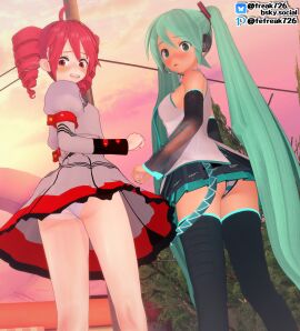 2girls 3d ahoge ass back back_view blue_eyes blue_hair blush blushing_profusely clothed clothed_female clothing detached_sleeves embarrassed embarrassed_female fefreak726 female female_focus female_only hair_ornament hatsune_miku headgear kasane_teto looking_back low-angle_view outdoors panties petite petite_body petite_female public red_eyes red_hair skirt striped_panties synthesizer_v thighhighs thighs twin_drills twintails upskirt utau vocaloid white_panties