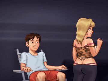 1boy 1girls 2d 2d_(artwork) animated animated_gif ass big_ass big_breasts blonde blonde_hair blue_eyes bra breasts brown_hair cleavage clothed clothing crystal_(summertime_saga) darkcookie digital_drawing_(artwork) digital_media_(artwork) duo earrings female female_focus gif horny horny_female horny_male light-skinned_female light-skinned_male light_skin long_hair looking_at_ass looking_at_partner looking_down main_character_(summertime_saga) male male/female medium_breasts milf panties pants presenting presenting_ass shaking_ass shaking_butt sitting smile smiling smirk smirking summertime_saga tanline tanlines tease teasing thick_ass turned_around underwear wiggling_ass
