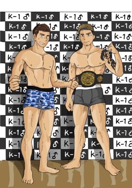 2boys abs bandaid bandaid_on_nose barefoot beard_stubble black_hair blush boxers_(clothing) brown_eyes brown_hair bulge bulge_through_clothing championship_belt checkered collarbone dyed_hair feet frown full_body grey_eyes grin hi_res imokuma indoors male male_only mixed_martial_arts mma multicolored_hair muscles muscular muscular_male navel original original_character pecs pose posing short_hair smile smirk standing tattoo tattooed_arm toes topless tough_guy two-tone_hair underwear_only