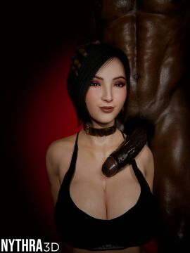 3d ada_wong asian asian_female black_hair blacked blacked_asian blacked_clothing blender capcom choker dark-skinned_male eye_contact hand_on_head interracial jewelry kiss_mark lipstick lipstick_mark lipstick_on_penis looking_at_viewer nythra3d posing_with_penis queen_of_spades resident_evil ricebunny short_hair smirk smug spade spade_earrings sports_bra
