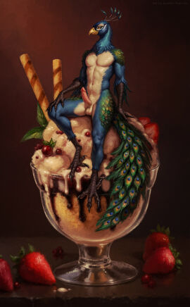 anastasradonsky anthro avian avian_feet balls bird dessert feathers food food_fetish food_play fruit galliform genitals hi_res ice_cream looking_at_viewer male micro peacock_feather peafowl penis phasianid plant smile solo strawberry